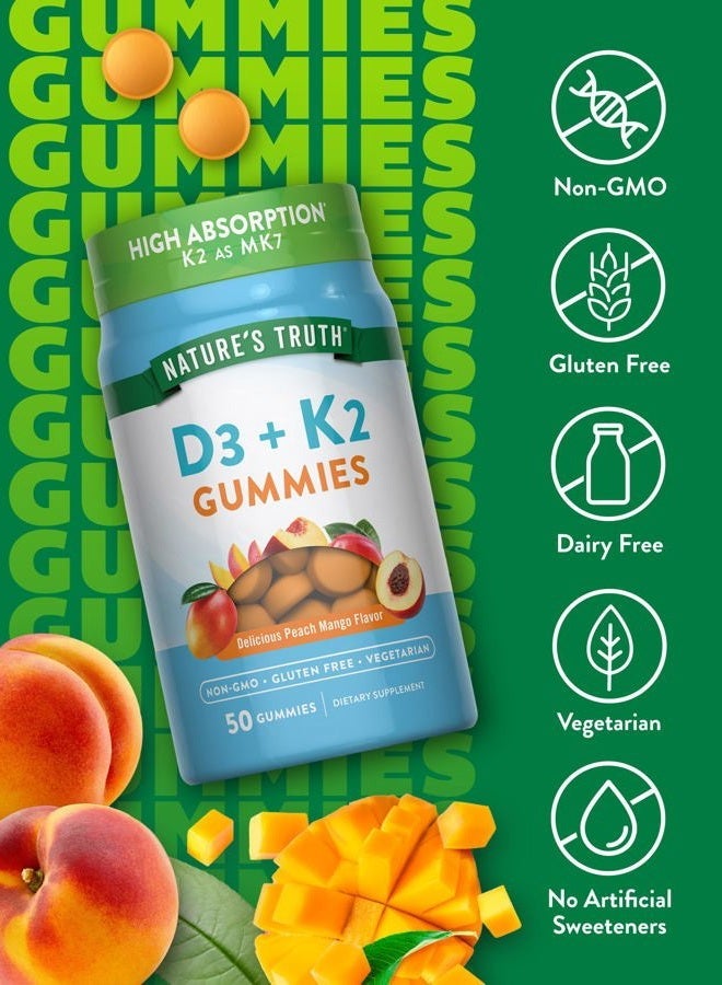 Nature's Truth Vitamin D3 + K2 Gummies | 50 Count | Peach Mango Flavor | Vegetarian, Non-GMO & Gluten Free Supplement - Image 4